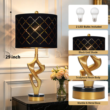Cinkeda 29" Black and Gold Table Lamp Set of 2, 3-Color Temperature Dimmable Nightstand Lamps with Mesh Lampshade for Living Room Bedroom, LED Bulbs Included