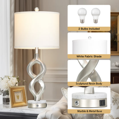 Cinkeda Silver Table Lamps 2 Pack, 30 Inch Touch Control Nightstand Lamp with USB A+C, Dimmable LED Modern Sculptural Lamp for Bedroom Living Room