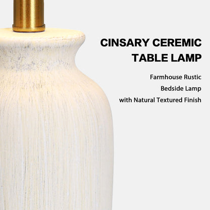Cinkeda 24.5" Beige Ceramic Table Lamps Set of 2, 2-Level Rotary Switch Bedside Nightstand Lamps with Gold Accents & Slant Shade for Living Room