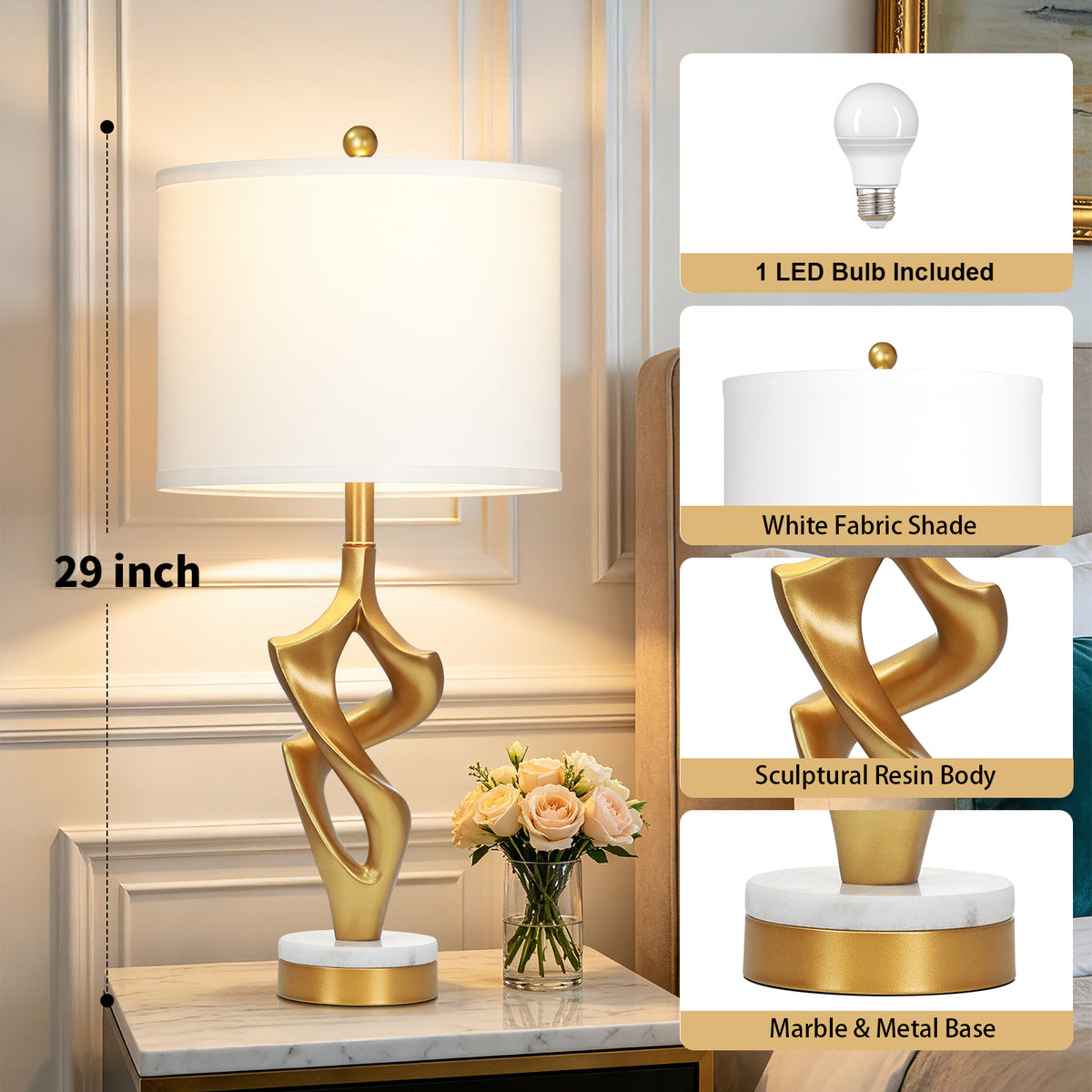 Cinkeda 29" Gold Table Lamp, 3-Color Temperature Dimmable Nightstand Lamp with Marble & Metal Base for Living Room Bedroom, LED Bulb Included