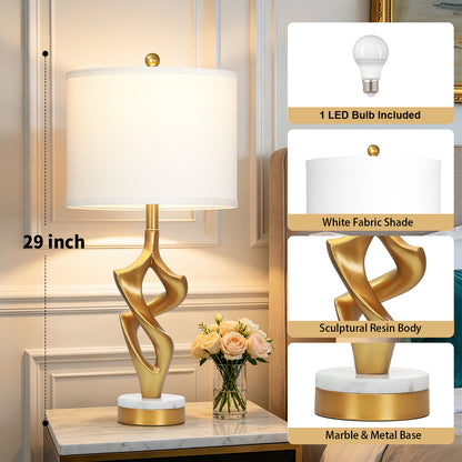 Cinkeda 29" Gold Table Lamp, 3-Color Temperature Dimmable Nightstand Lamp with Marble & Metal Base for Living Room Bedroom, LED Bulb Included