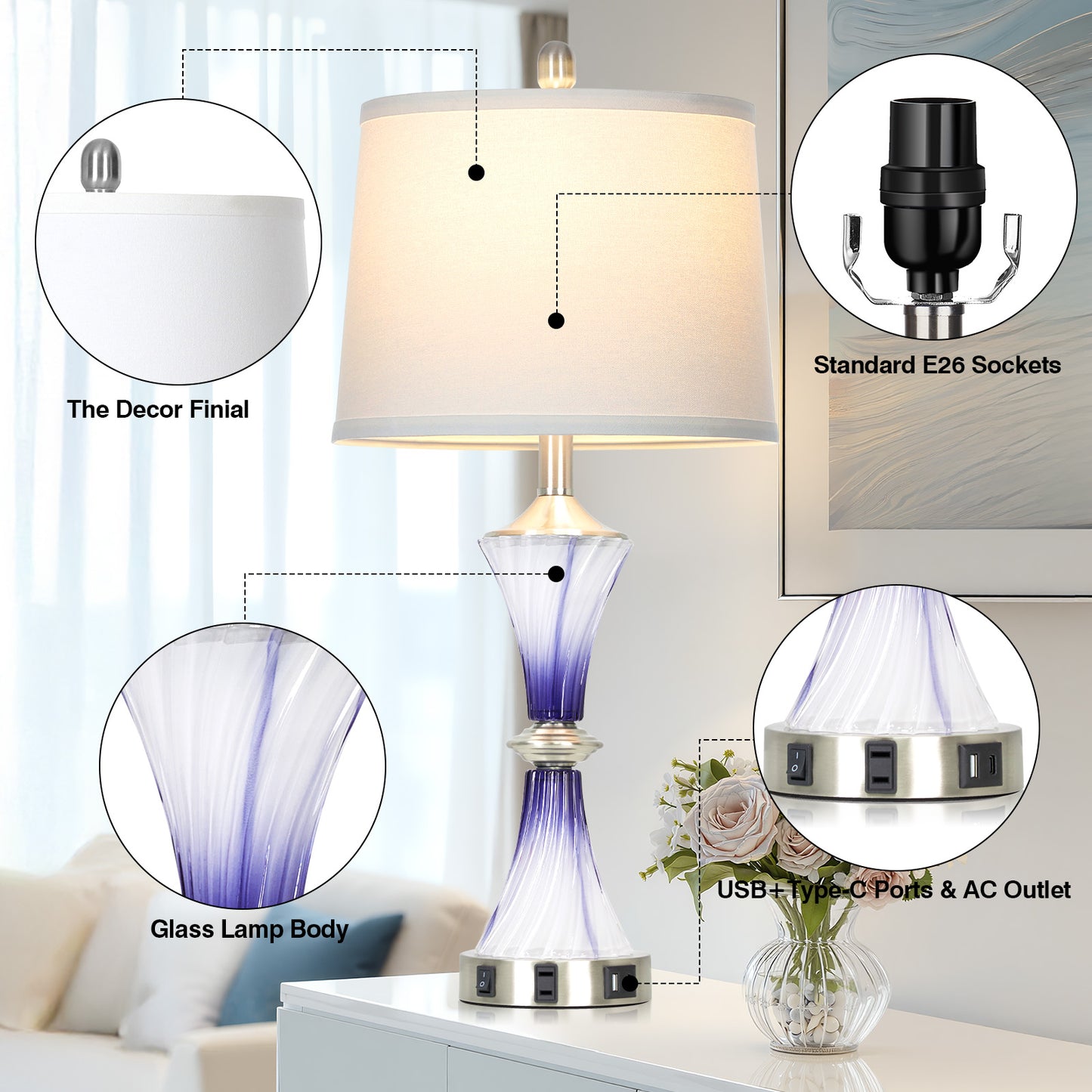 Cinkeda 27" Purple Glass Table Lamps Set of 2 with USB-C/A Ports & AC Outlet, Silver Nickel Finish Nightstand Lamps for Bedroom Living Room, LED Bulbs Included
