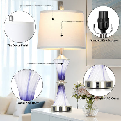 Cinkeda 27" Purple Glass Table Lamps Set of 2 with USB-C/A Ports & AC Outlet, Silver Nickel Finish Nightstand Lamps for Bedroom Living Room, LED Bulbs Included