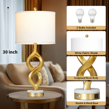 Cinkeda 30" Modern Table Lamps Set of 2 with USB A+C Ports, 3-Way Dimmable Touch Control Resin Bedside Lamps for Bedroom Nightstand Living Room
