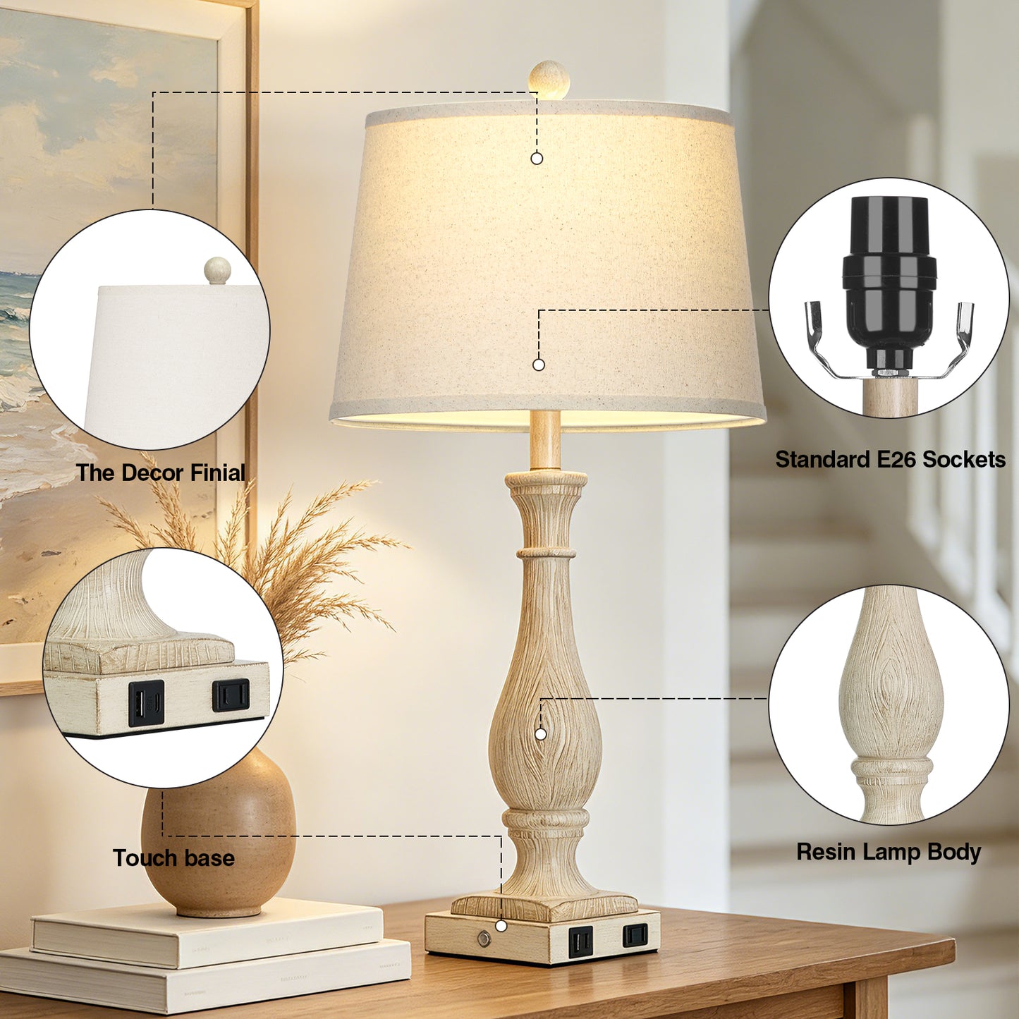 Cinkeda 27.5" Beige Resin Table Lamps Set of 2, 3-Level Touch Control Bedside Nightstand Lamps with USB & Type-C Ports, AC Outlet for Living Room