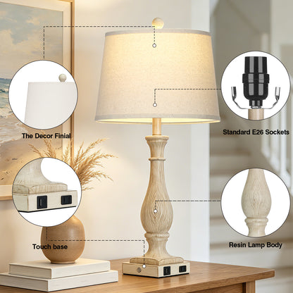 Cinkeda 27.5" Beige Resin Table Lamps Set of 2, 3-Level Touch Control Bedside Nightstand Lamps with USB & Type-C Ports, AC Outlet for Living Room