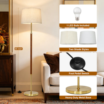 Cinkeda 65" Mid-Century Modern Wood Floor Lamp, Gold Standing Lamp with 2 Fabric Shades, 3-Color Temp & Foot Switch for Living Room Bedroom, LED Bulb Included