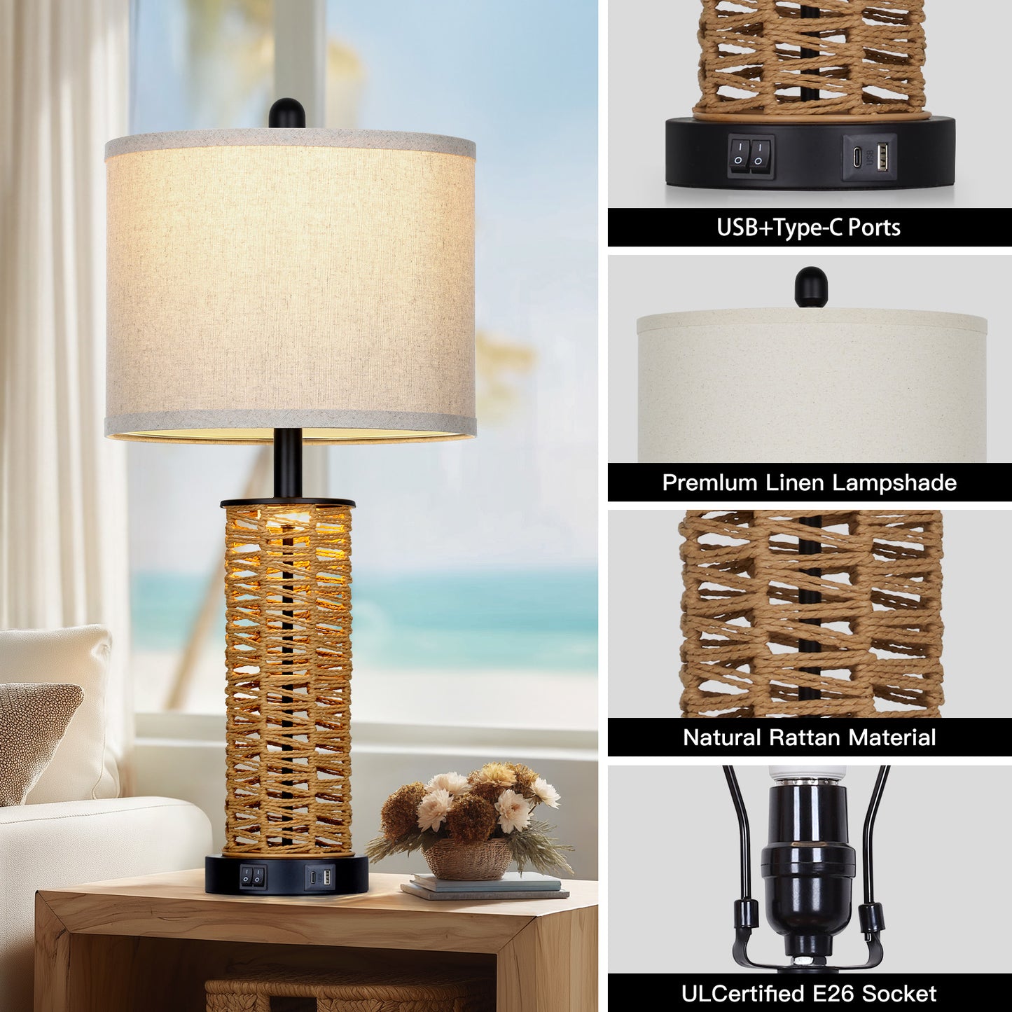 Cinkeda 27" Rattan Woven Table Lamps Set of 2, Boho Bedside Lamp with Dual Rocker Switches & Night Light, USB A+C Ports & Black Finish for Farmhouse Bedroom Living Room