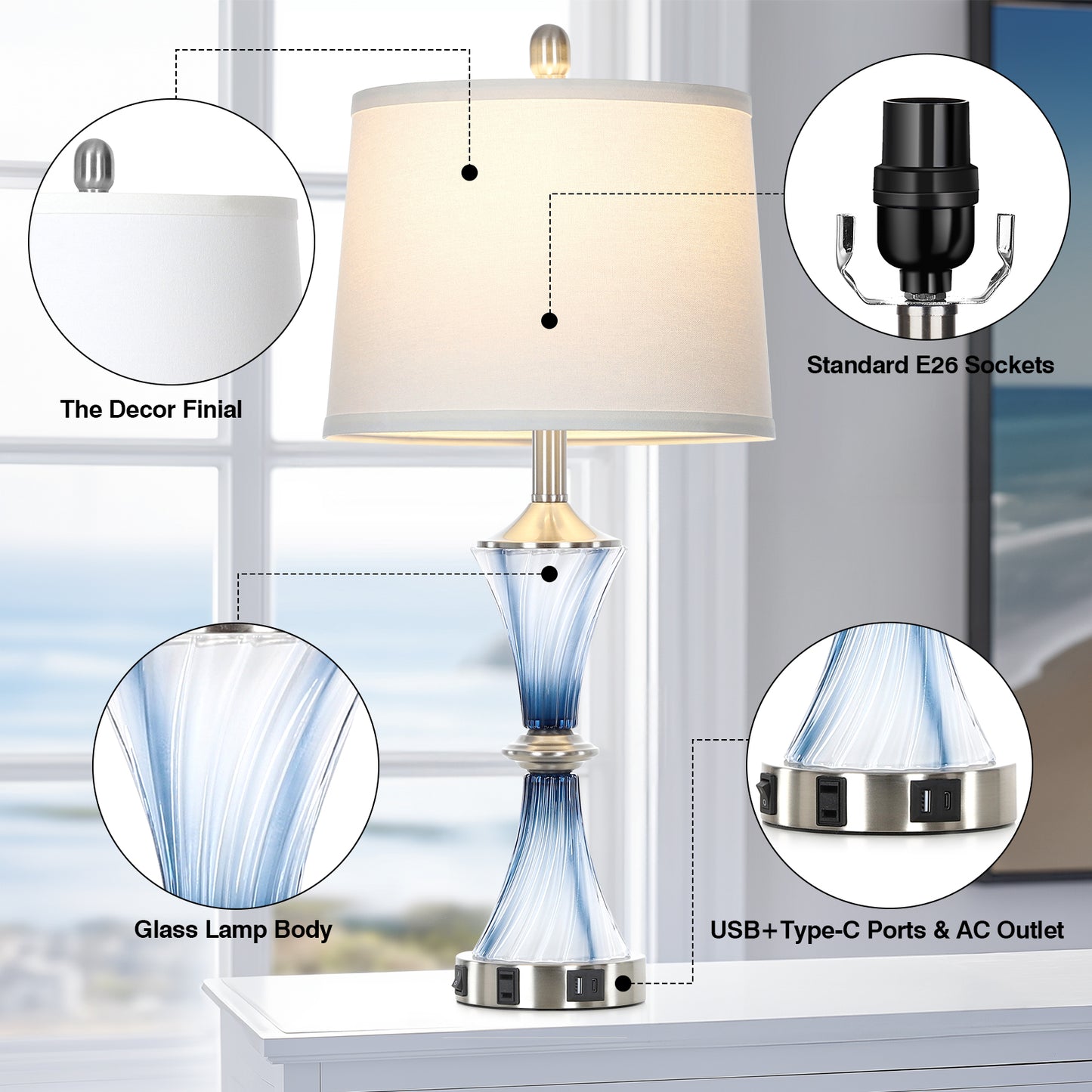 Cinkeda 27" Blue Gradient Glass Table Lamps Set of 2 with USB-C/A Ports & AC Outlet,Coastal Lamp for Night Stands Bedroom Living Room