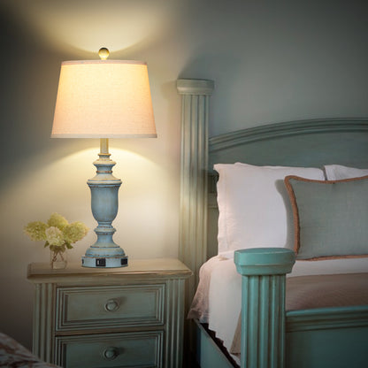 Blue resin tilted drum shade table lamps with a 3 - way touch dimming switch, USB Type - C charging ports and an AC outlet (Set of 2)