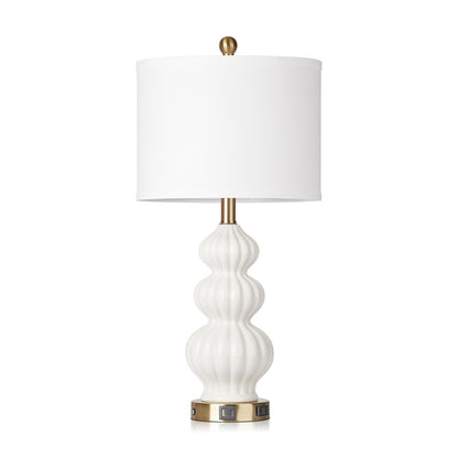 White Ceramic Cucurbit Style Table Lamp with 3-Way Touch Dimming Switch, USB Type C Charging Ports and AC Outlet (Set of 2)