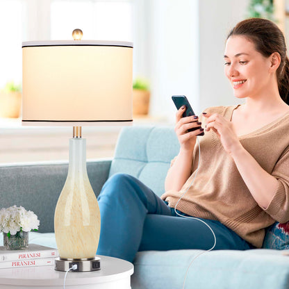 2-in-1 table lamp with nightlight. Nattierblue glass vase style body. Charging port & AC outlet. Drum shade, touch switch (Set of 2)
