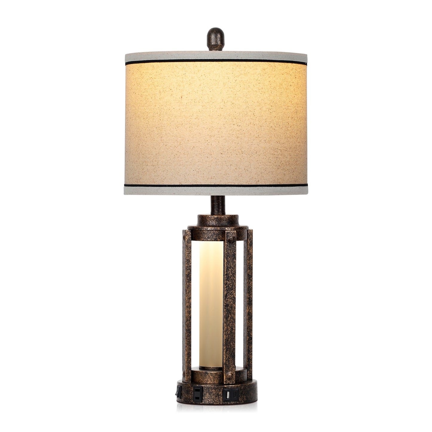 Black Gold Matte Metal Table Lamp with Roman-Cylinder Glass 2-in-1 Nightlight (Set of 2)