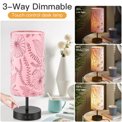 Cinkeda 15" Touch Control Small Table Lamp with Dual USB Ports, Pink Floral Print Shade & 3-Way Dimmable Bedside Nightstand Lamp for Bedroom Living Room (1 Bulb Included)