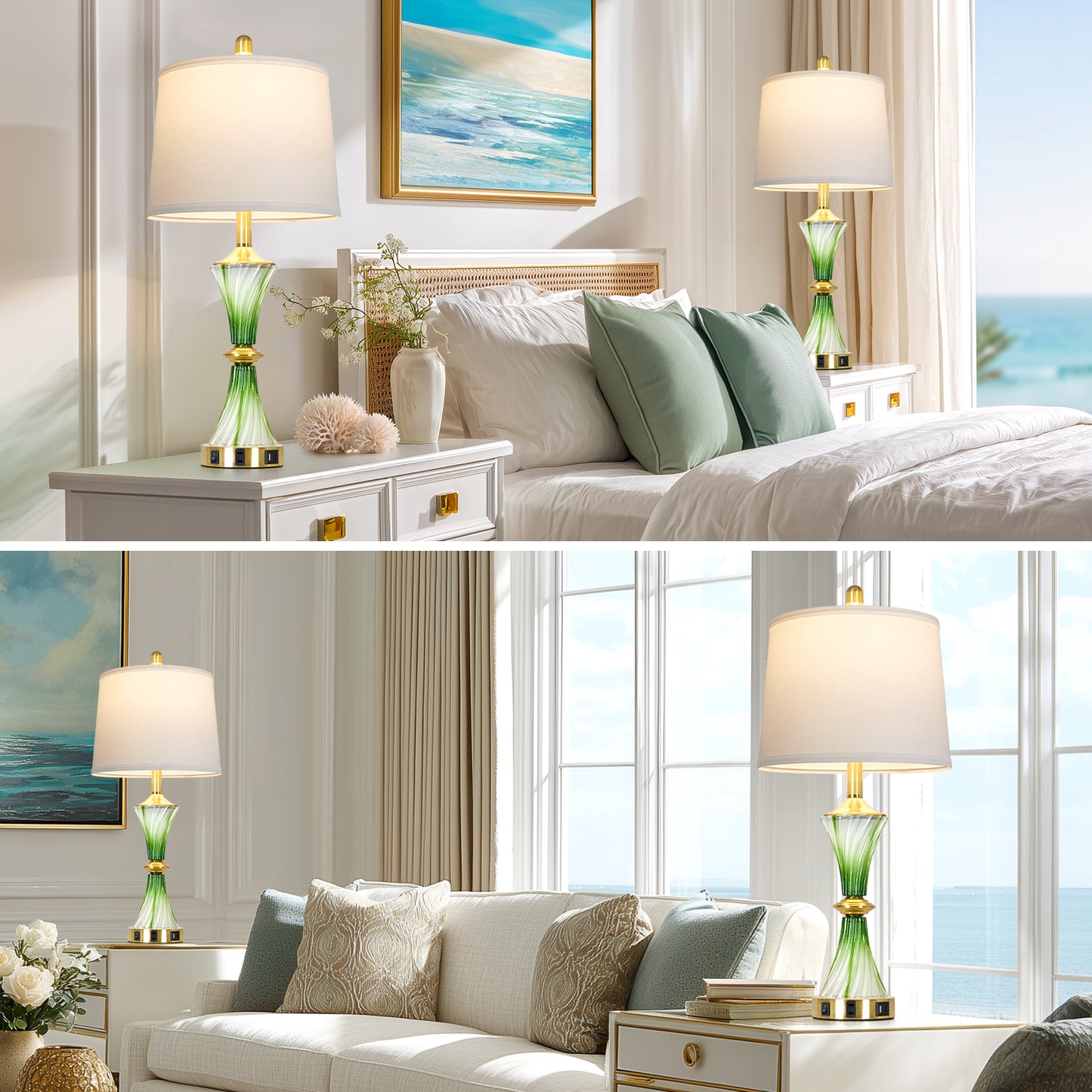 Cinkeda 27" Green Glass Table Lamps Set of 2 with USB-C/A Ports & AC Outlet, Silver Nickel Finish Nightstand Lamps for Bedroom Living Room, LED Bulbs Included