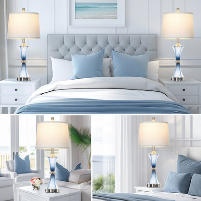 Cinkeda 27" Blue Gradient Glass Table Lamps Set of 2 with USB-C/A Ports & AC Outlet,Coastal Lamp for Night Stands Bedroom Living Room