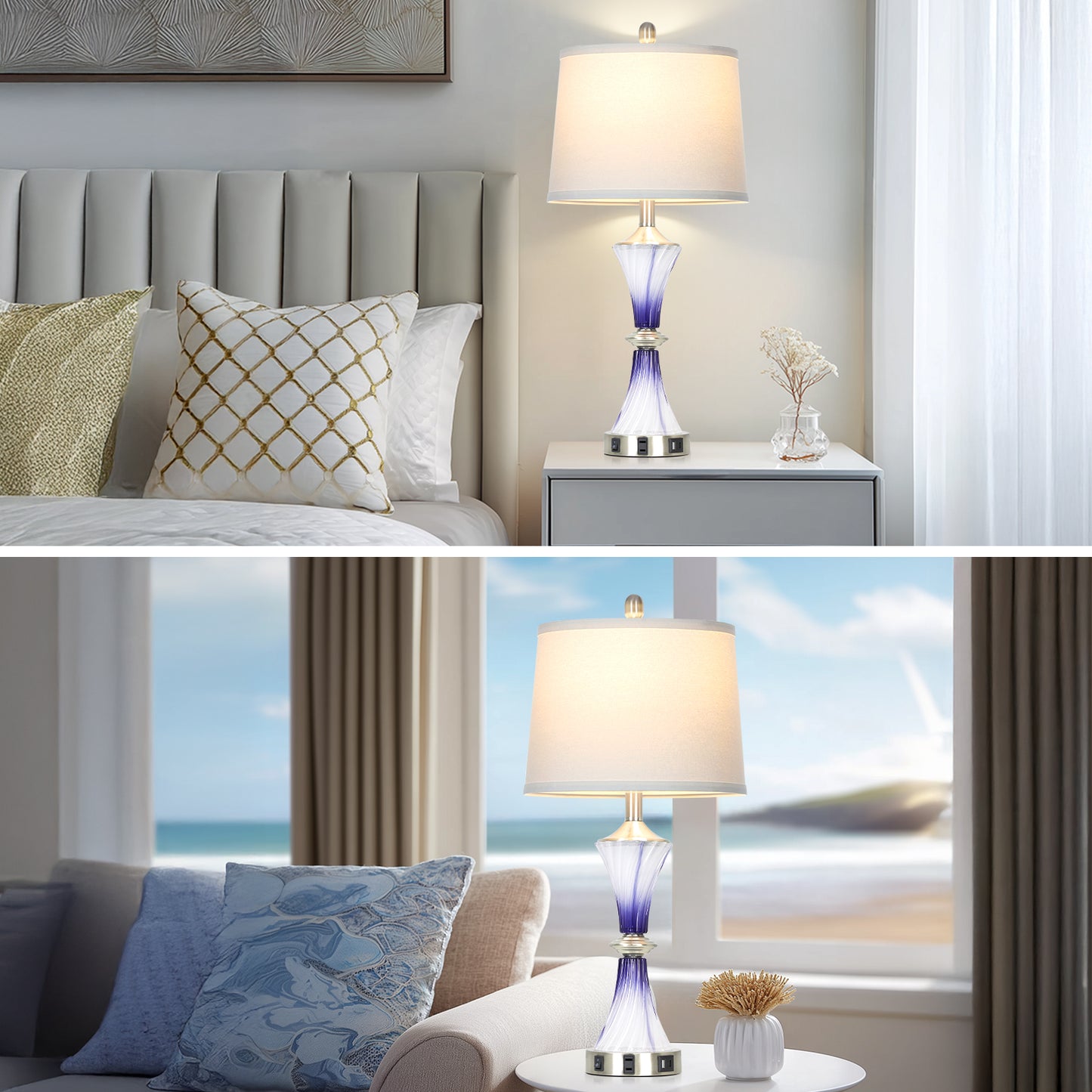 Cinkeda 27" Purple Glass Table Lamps Set of 2 with USB-C/A Ports & AC Outlet, Silver Nickel Finish Nightstand Lamps for Bedroom Living Room, LED Bulbs Included