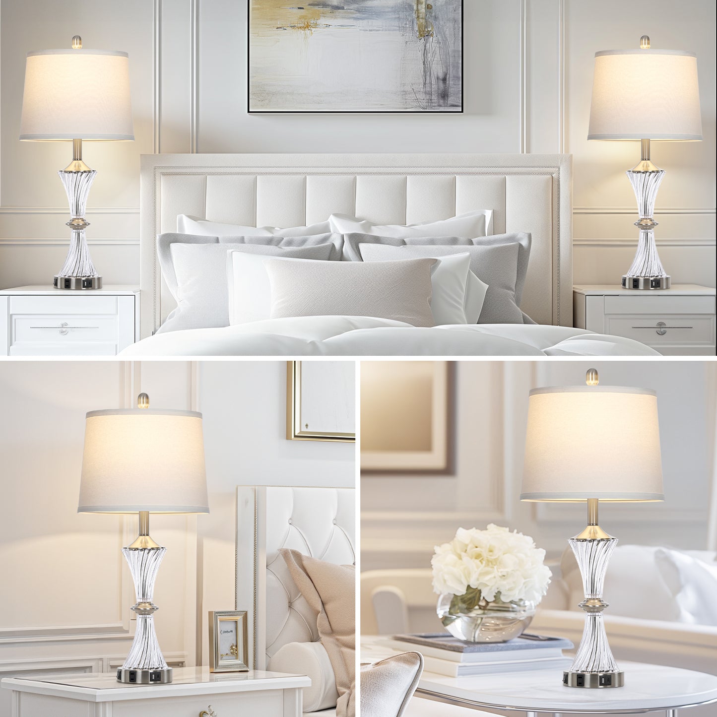 Cinkeda 27" Clear Glass Table Lamps Set of 2 with USB-C/A Ports & AC Outlet, Silver Nickel Finish Nightstand Lamps for Bedroom Living Room, LED Bulbs Included