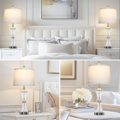 Cinkeda 27" Clear Glass Table Lamps Set of 2 with USB-C/A Ports & AC Outlet, Silver Nickel Finish Nightstand Lamps for Bedroom Living Room, LED Bulbs Included