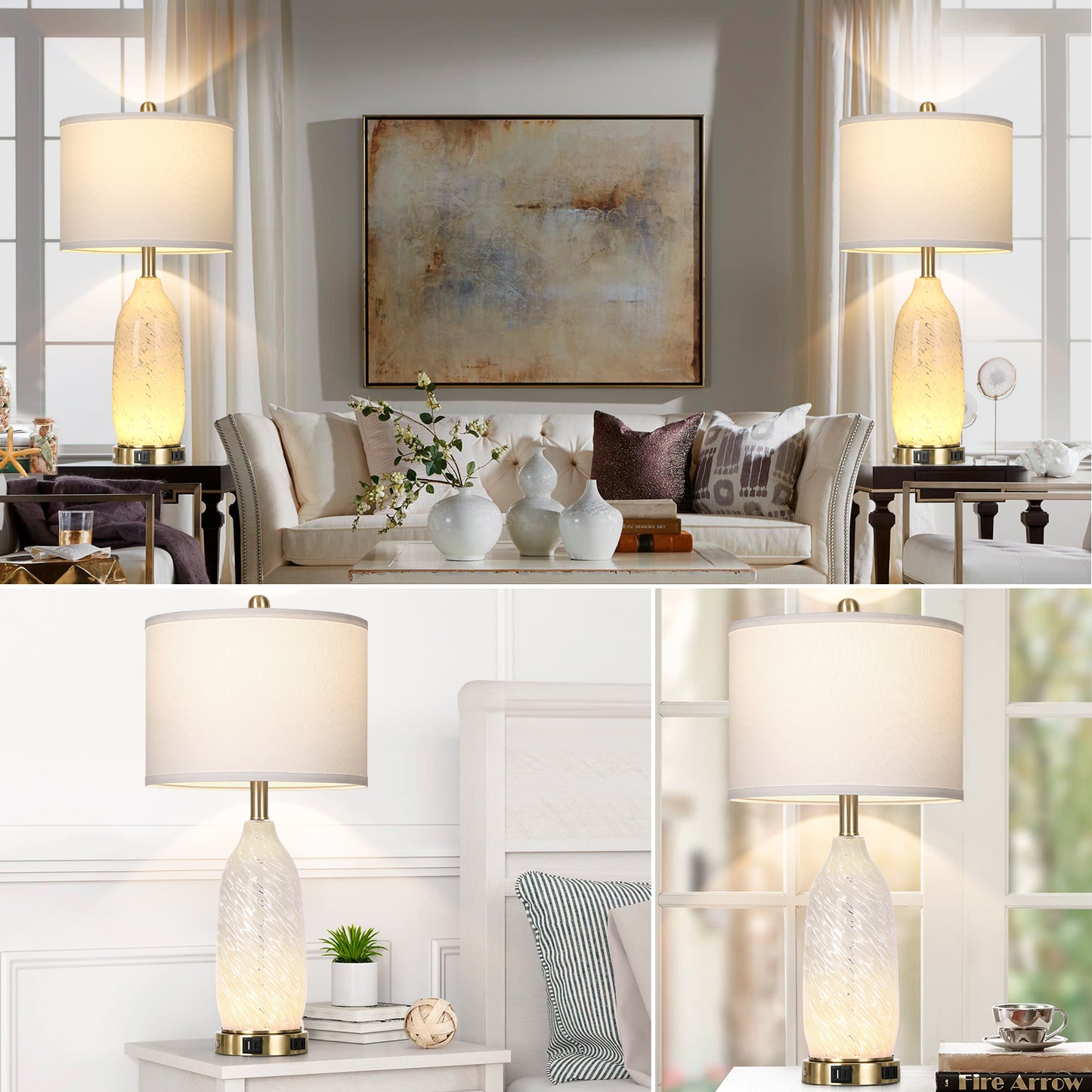 Cinkeda Vintage Style Table Lamps Set of 2 for Living Room Bedroom, 25" Tall with Dual Lights (Knob & Touch), USB-C/A Ports & AC Outlet, White Shade