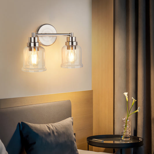 One with Two Wall Lights Stainless Steel Base Frame Glass Shade