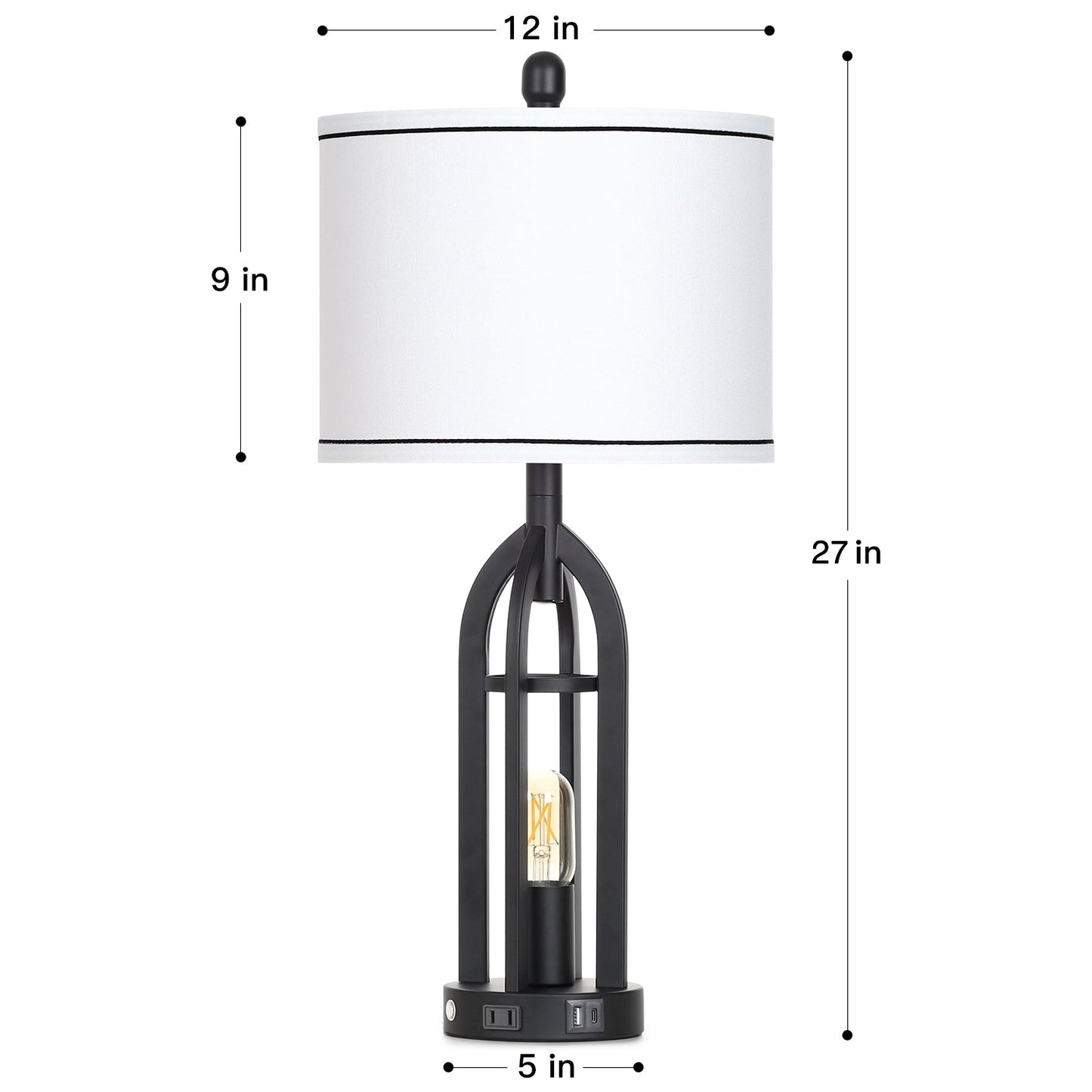 27'' Black Metal Table Lamps in Cage Style with Nightlight (Set of 2)