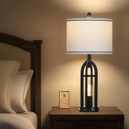 27'' Black Metal Table Lamps in Cage Style with Nightlight (Set of 2)