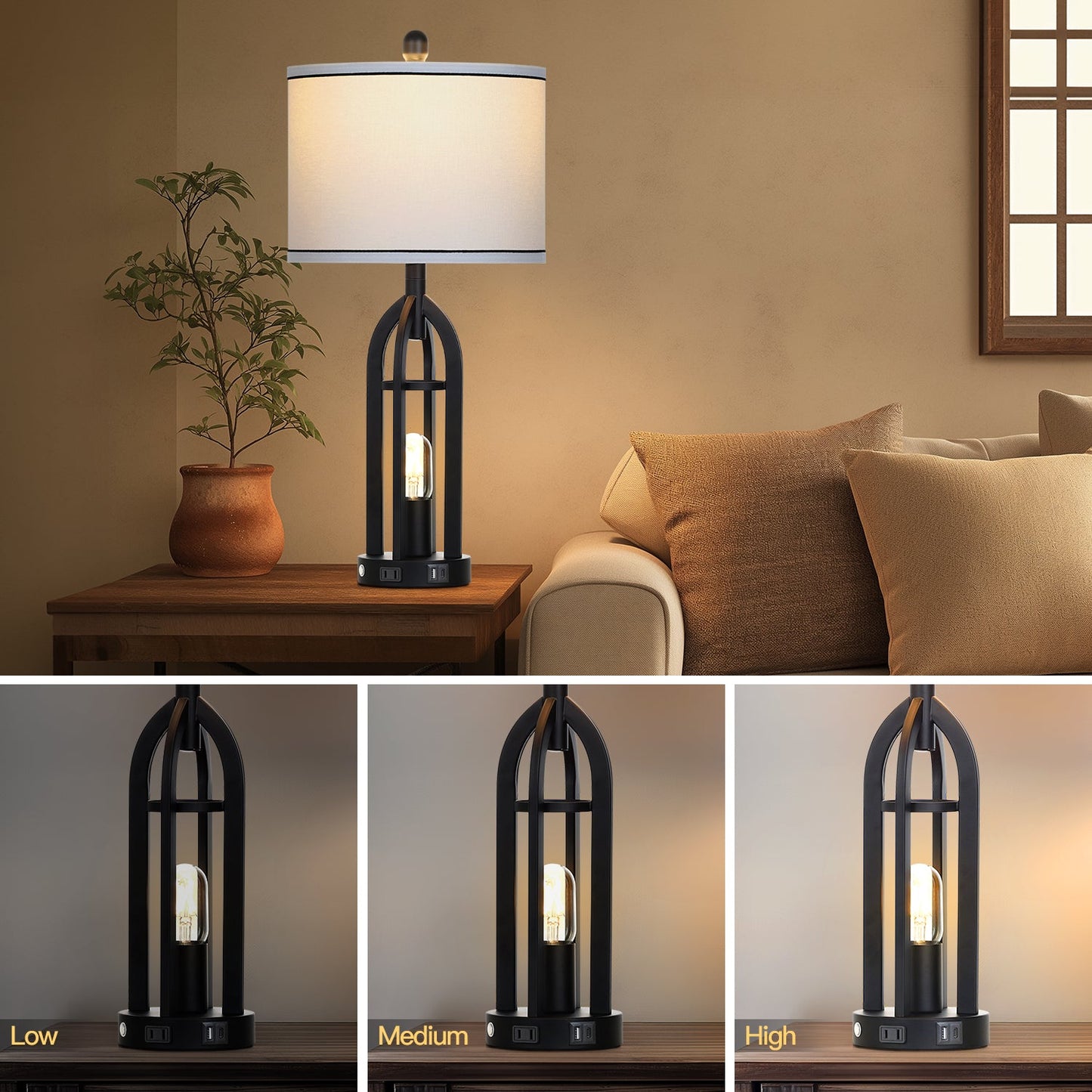 27'' Black Metal Table Lamps in Cage Style with Nightlight (Set of 2)