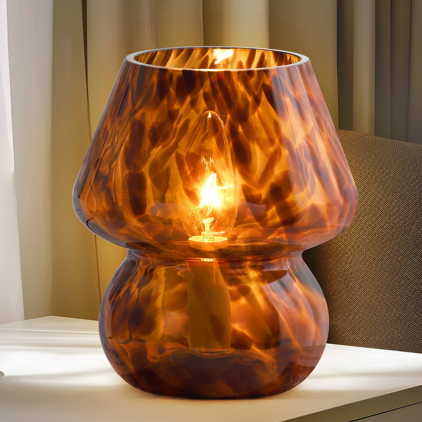 Brown Leopard-Printed All-Glass Table Lamp Featuring an Inline Switch