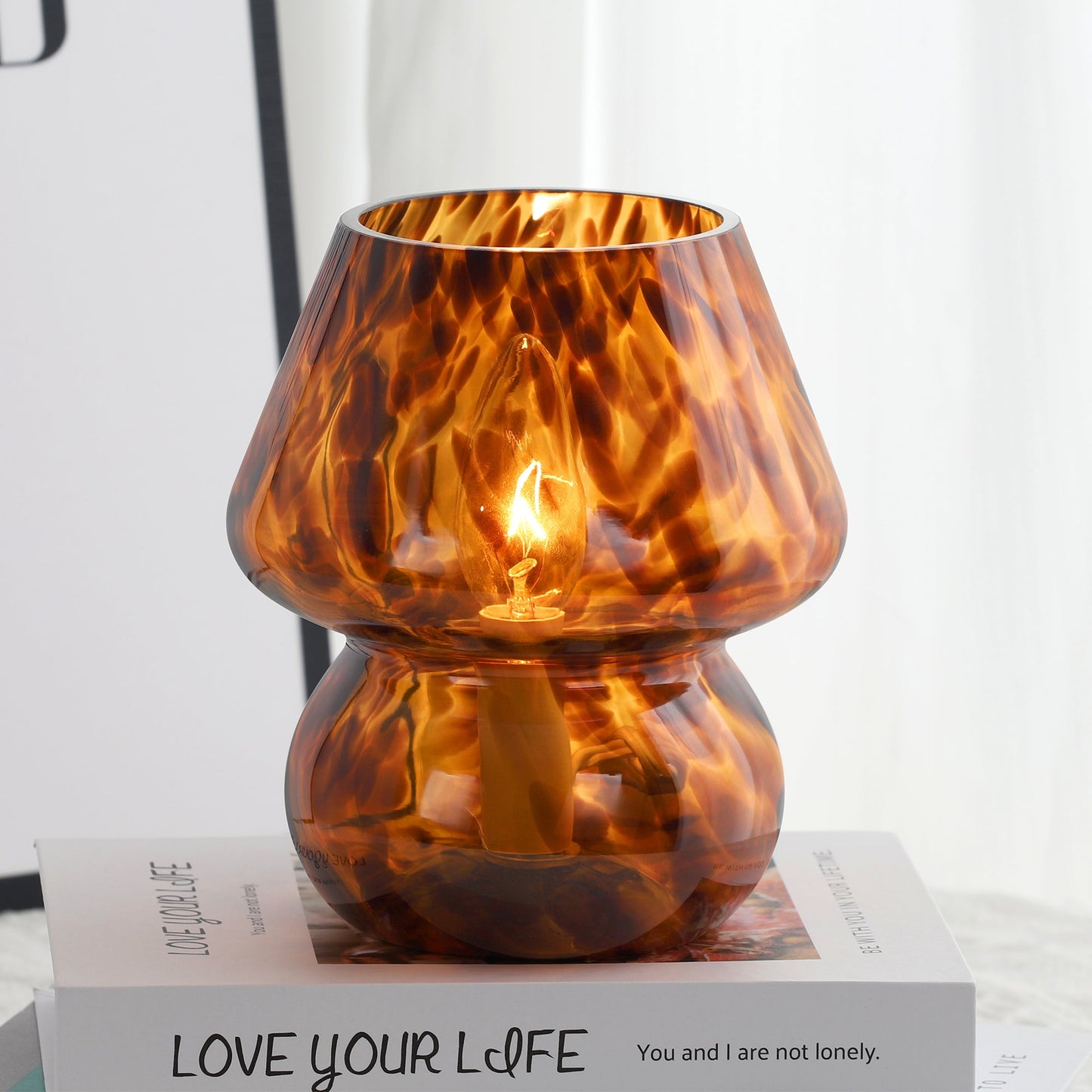 Brown Leopard-Printed All-Glass Table Lamp Featuring an Inline Switch