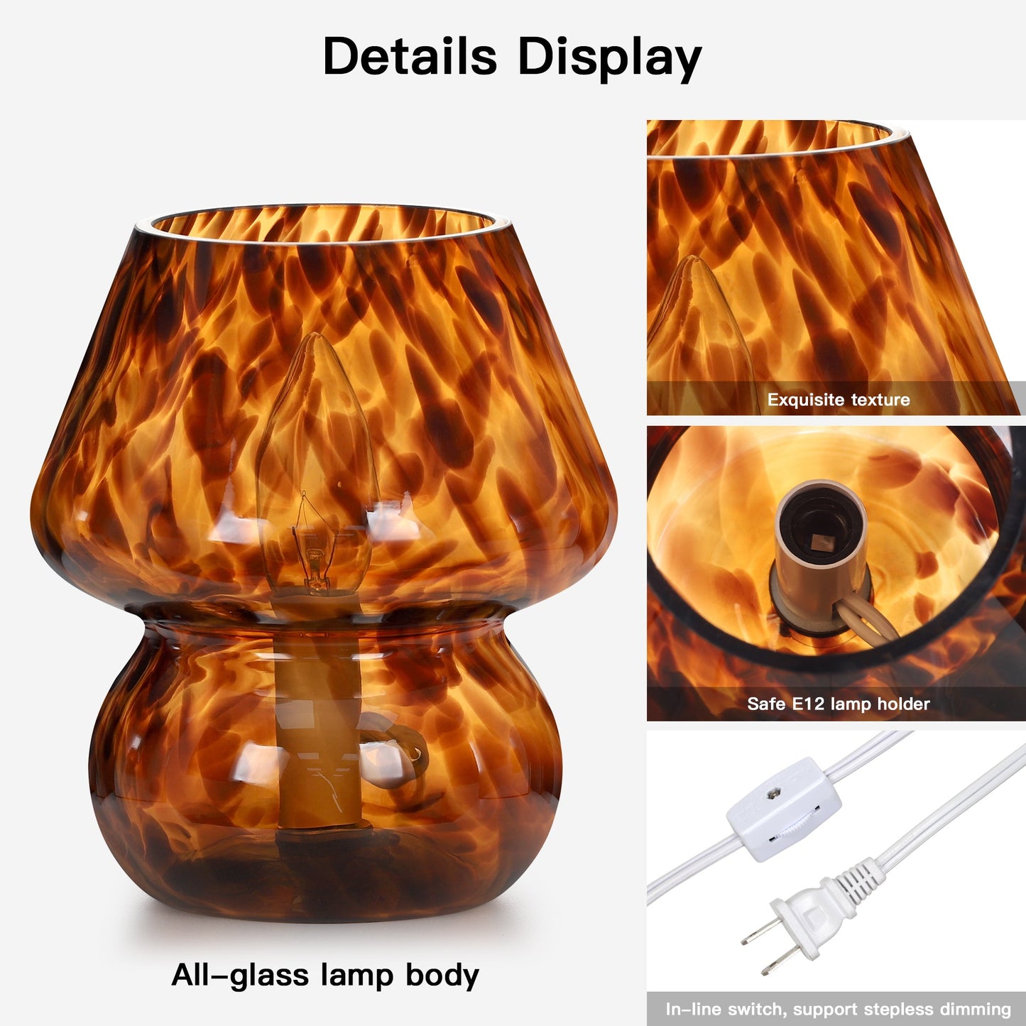 Brown Leopard-Printed All-Glass Table Lamp Featuring an Inline Switch