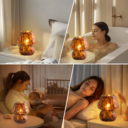 Brown Leopard-Printed All-Glass Table Lamp Featuring an Inline Switch