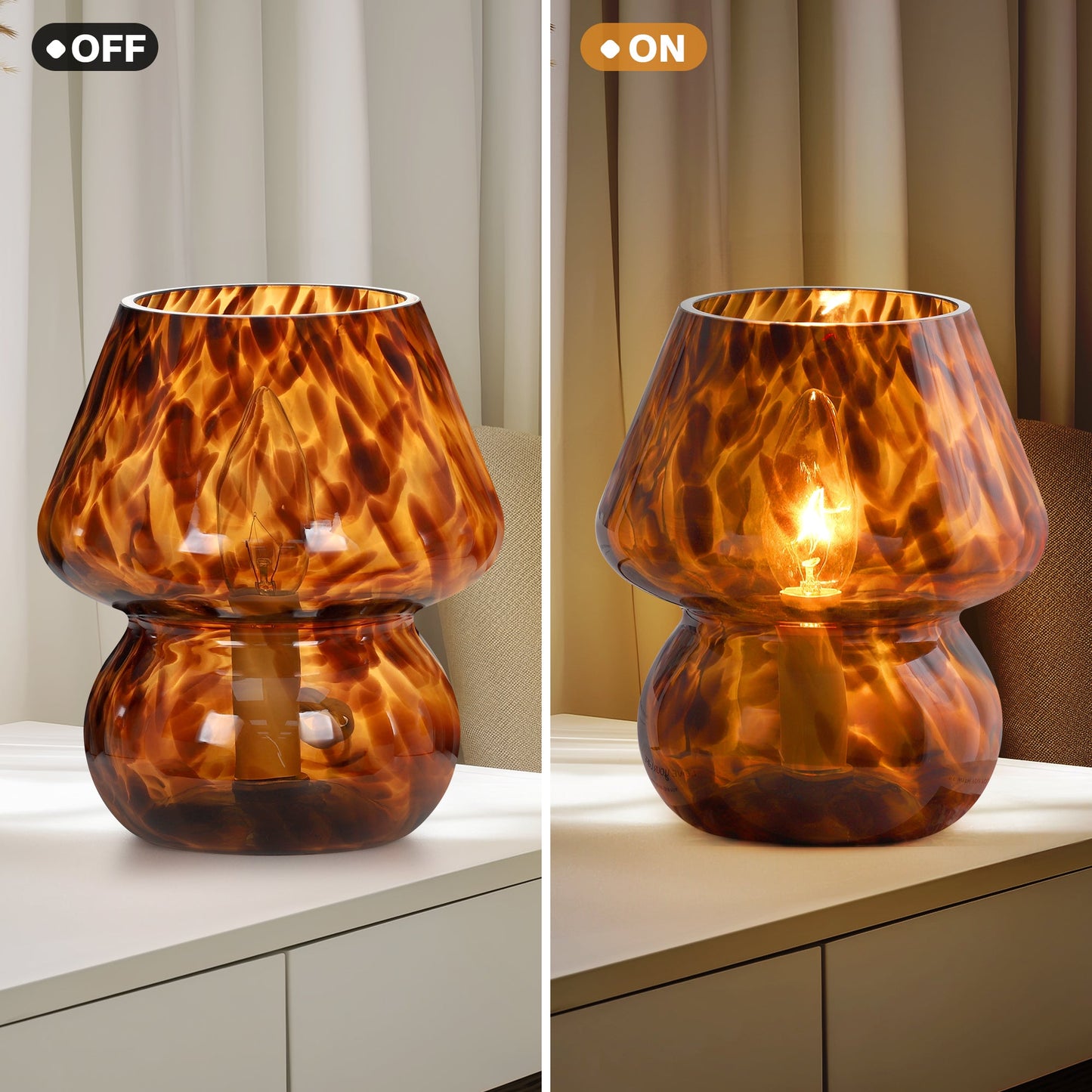Brown Leopard-Printed All-Glass Table Lamp Featuring an Inline Switch