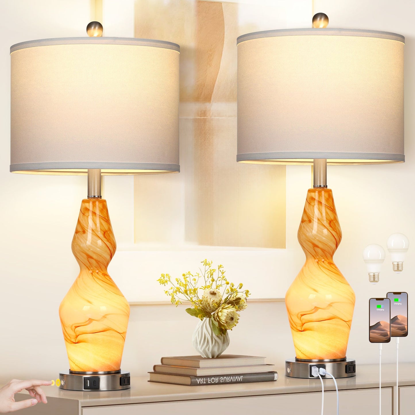 Exquisite Brown Texture 2-in-1 Brown Art Glass Nightlight Table Lamp (Set of 2)