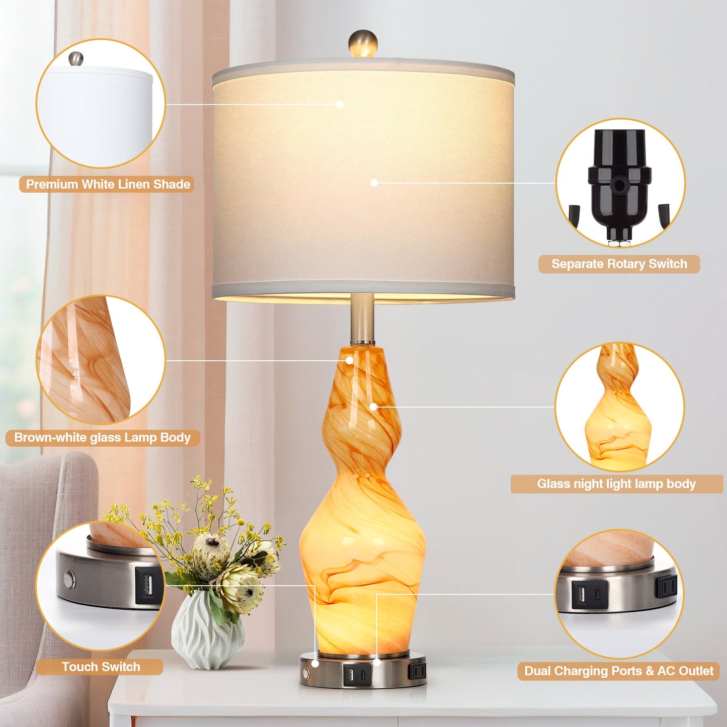Exquisite Brown Texture 2-in-1 Brown Art Glass Nightlight Table Lamp (Set of 2)