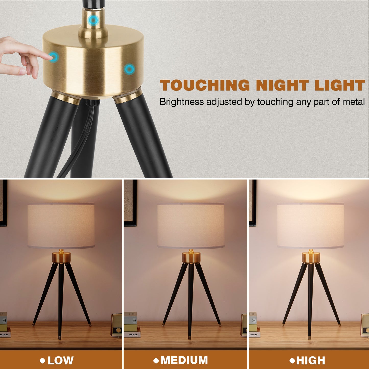 Cinkeda Table Lamp Black Metal Tripod Drum Shade 3-Way Touch Dimming(Set of 2)