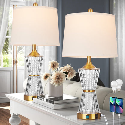 Bedside Table Lamp Gold Acrylic with Night-light, Charging Ports, AC Outlet(Set of 2)