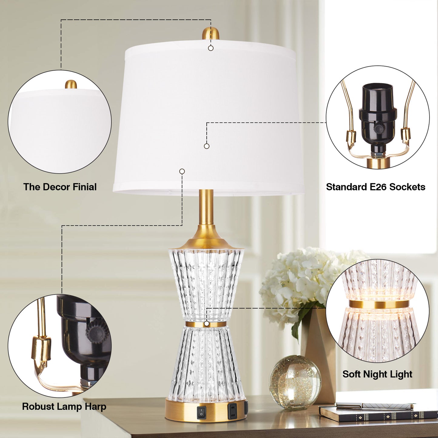 Bedside Table Lamp Gold Acrylic with Night-light, Charging Ports, AC Outlet(Set of 2)