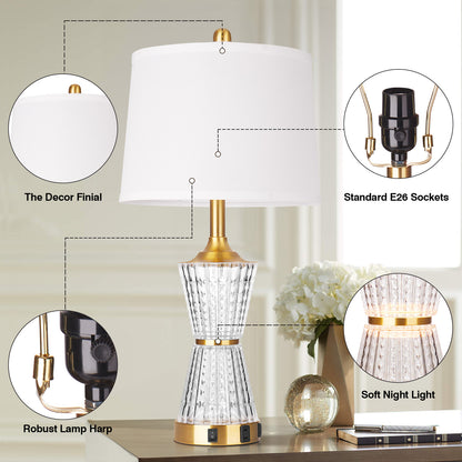 Bedside Table Lamp Gold Acrylic with Night-light, Charging Ports, AC Outlet(Set of 2)