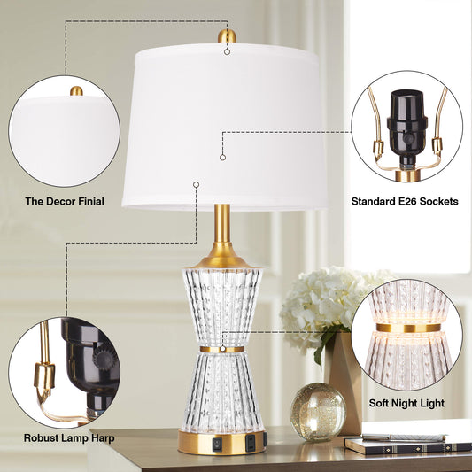 Bedside Table Lamp Gold Acrylic with Night-light, Charging Ports, AC Outlet(Set of 2)