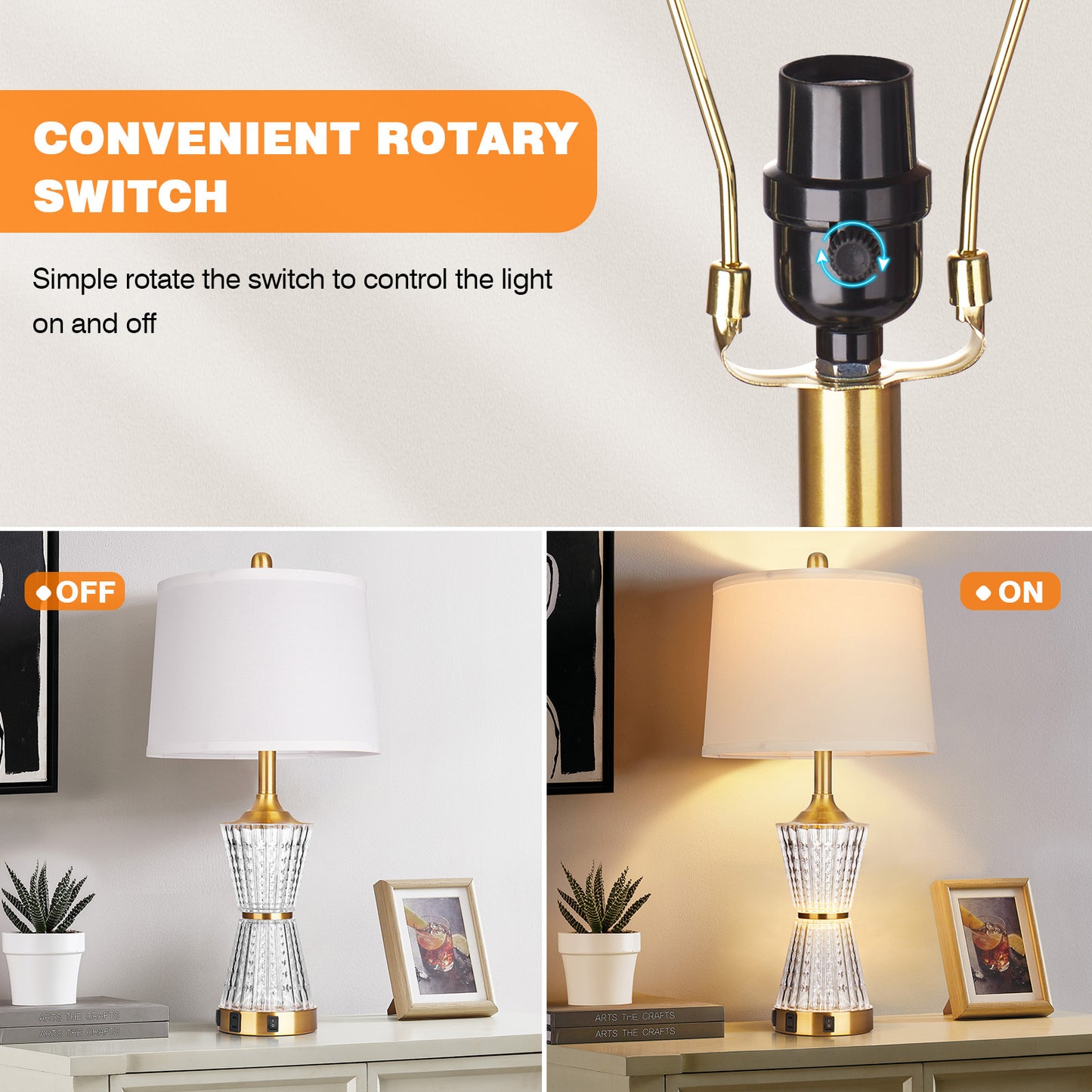 Bedside Table Lamp Gold Acrylic with Night-light, Charging Ports, AC Outlet(Set of 2)