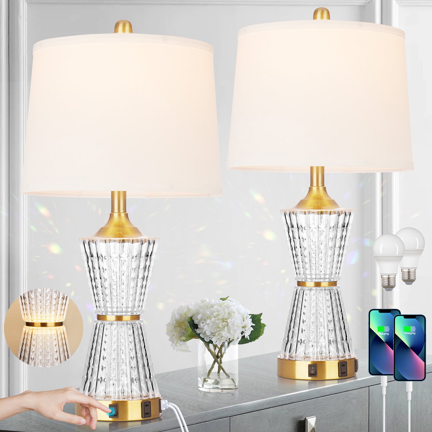 Bedside Table Lamp Gold Acrylic with Night-light, Charging Ports, AC Outlet(Set of 2)