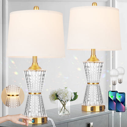 Bedside Table Lamp Gold Acrylic with Night-light, Charging Ports, AC Outlet(Set of 2)