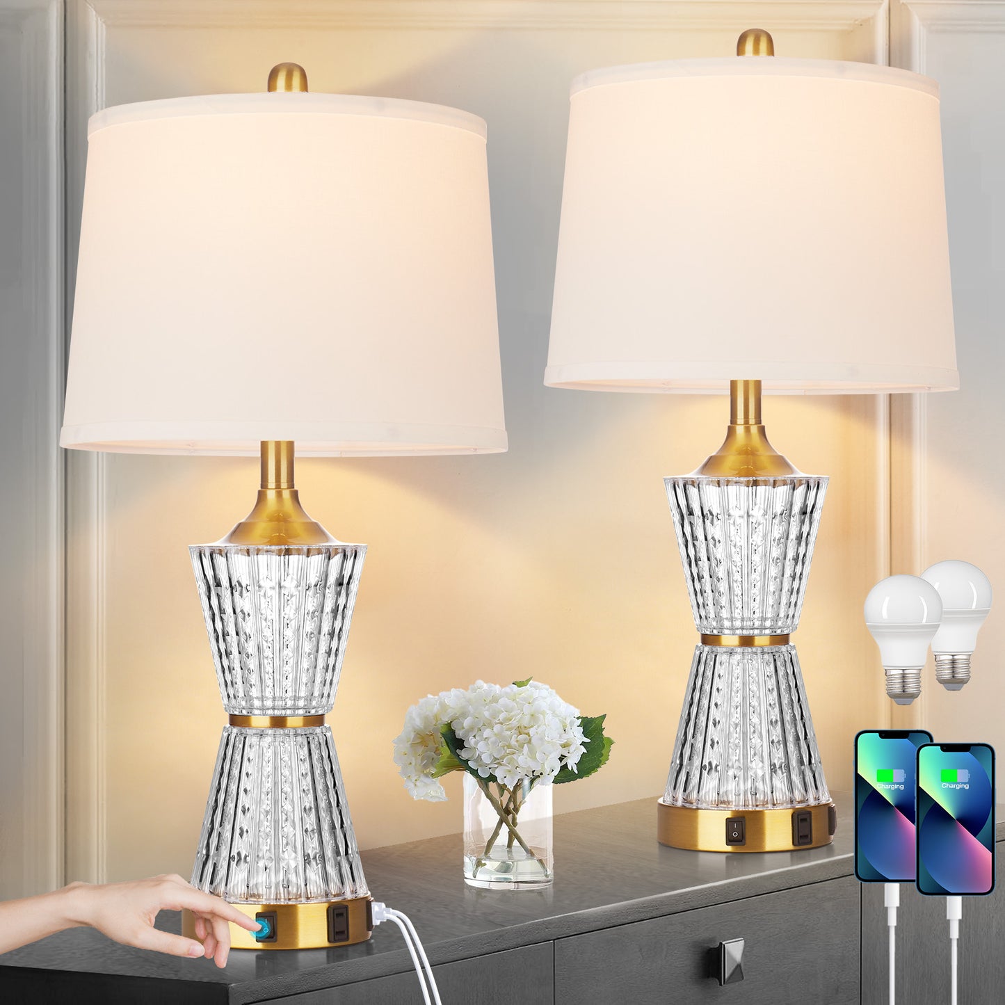 Bedside Table Lamp Gold Acrylic with Night-light, Charging Ports, AC Outlet(Set of 2)