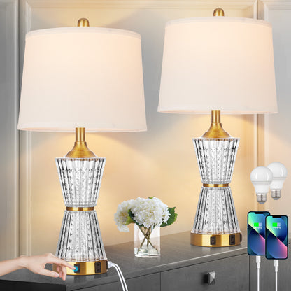 Bedside Table Lamp Gold Acrylic with Night-light, Charging Ports, AC Outlet(Set of 2)