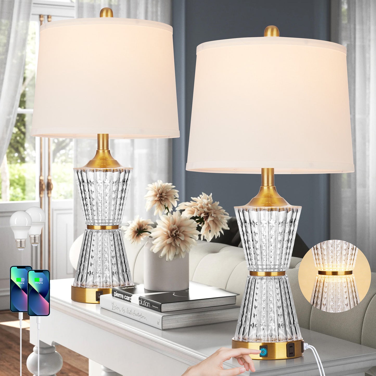 Bedside Table Lamp Gold Acrylic with Night-light, Charging Ports, AC Outlet(Set of 2)
