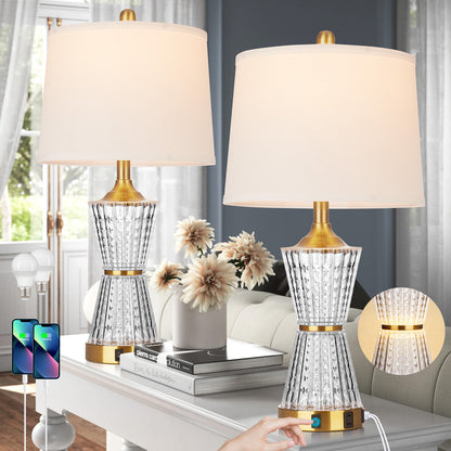 Bedside Table Lamp Gold Acrylic with Night-light, Charging Ports, AC Outlet(Set of 2)