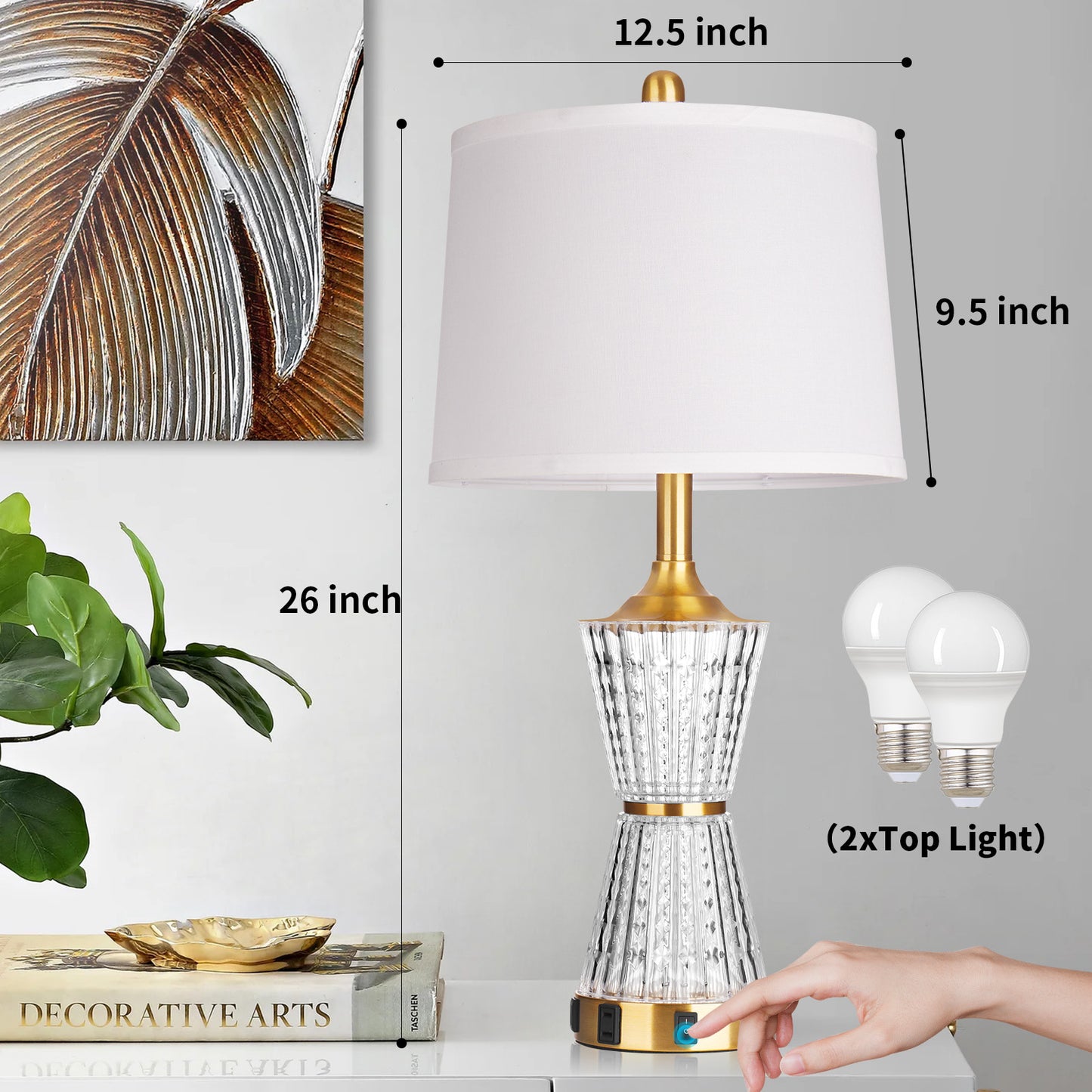 Bedside Table Lamp Gold Acrylic with Night-light, Charging Ports, AC Outlet(Set of 2)