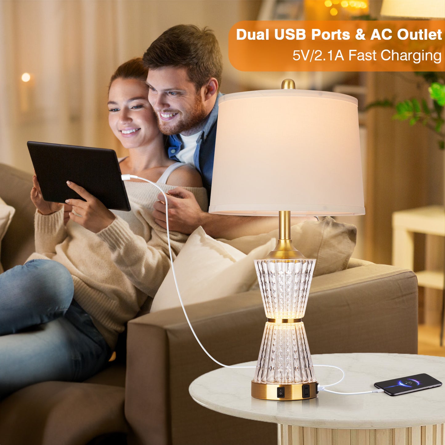 Bedside Table Lamp Gold Acrylic with Night-light, Charging Ports, AC Outlet(Set of 2)
