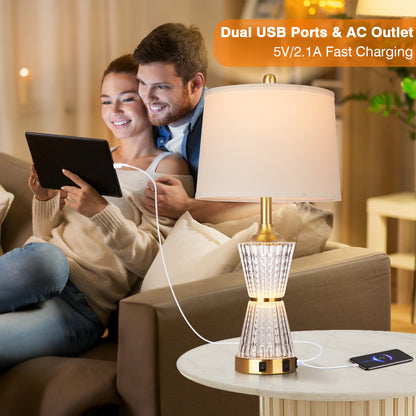 Bedside Table Lamp Gold Acrylic with Night-light, Charging Ports, AC Outlet(Set of 2)